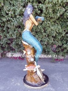 Sea Mermaid bronze sculpture holding oyster shell for pond, pool or aquatic display