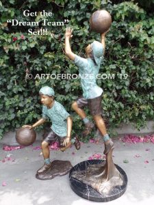 Layup bronze sculpture of life-size basketball player shooting basketball