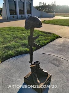 Mississippi Valley Veterans Memorial outdoor monumental bronze statues of Fallen Soldier Battle Cross and two military working dogs