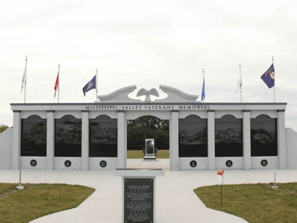 Mississippi Valley Veterans Memorial outdoor monumental bronze statues of Fallen Soldier Battle Cross and two military working dogs