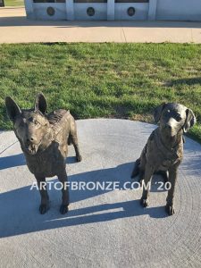 Mississippi Valley Veterans Memorial outdoor monumental bronze statues of Fallen Soldier Battle Cross and two military working dogs