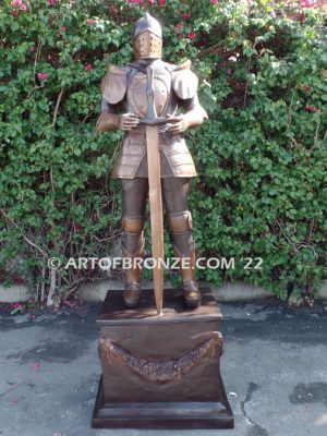 Knight standing guard bronze sculpture monument for school, commercial building or university mascot