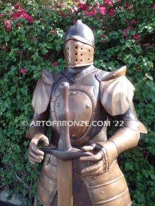 Knight standing guard bronze sculpture monument for school, commercial building or university mascot