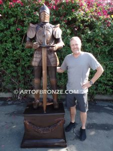 Knight standing guard bronze sculpture monument for school, commercial building or university mascot