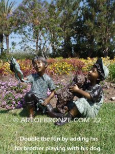 Frog Fun outdoor bronze fountain sculpture of boy grasping bullfrogs that can spray water