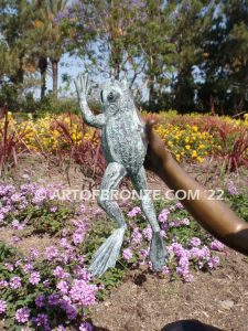 Frog Fun outdoor bronze fountain sculpture of boy grasping bullfrogs that can spray water