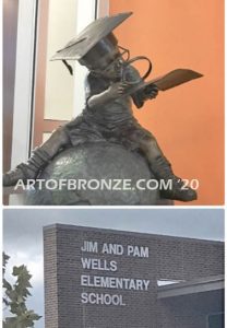 Library & elementary bronze statue of young boy reading book atop bronze world
