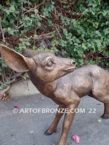 Morning Encounter outdoor monumental bronze buck, doe & fawn standing sculptures