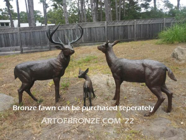 Morning Encounter outdoor monumental bronze buck, doe & fawn standing sculptures