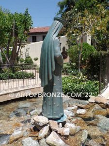 Our Lady of Pontmain bronze sculpture of inspirational Mary holding cross with Jesus Christ above