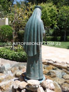 Our Lady of Pontmain bronze sculpture of inspirational Mary holding cross with Jesus Christ above