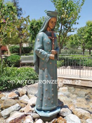 Our Lady of Pontmain bronze sculpture of inspirational Mary holding cross with Jesus Christ above