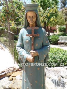 Our Lady of Pontmain bronze sculpture of inspirational Mary holding cross with Jesus Christ above