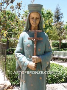 Our Lady of Pontmain bronze sculpture of inspirational Mary holding cross with Jesus Christ above