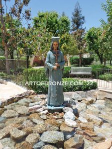 Our Lady of Pontmain bronze sculpture of inspirational Mary holding cross with Jesus Christ above