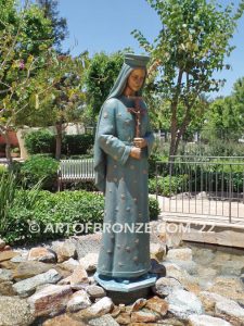 Our Lady of Pontmain bronze sculpture of inspirational Mary holding cross with Jesus Christ above