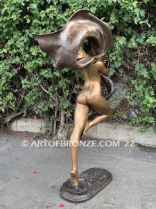 Outdoor Art Nouveau leaping nude woman dancing with silk veil bronze statue