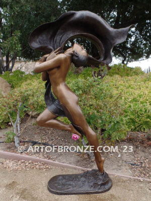 Outdoor Art Nouveau leaping nude woman dancing with silk veil bronze statue