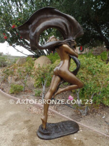 Outdoor Art Nouveau leaping nude woman dancing with silk veil bronze statue