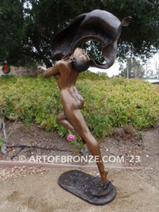 Outdoor Art Nouveau leaping nude woman dancing with silk veil bronze statue