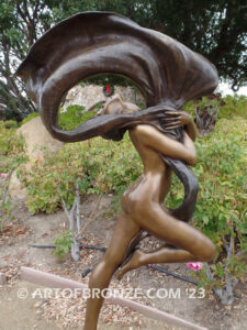 Outdoor Art Nouveau leaping nude woman dancing with silk veil bronze statue