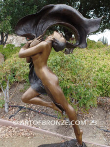 Outdoor Art Nouveau leaping nude woman dancing with silk veil bronze statue