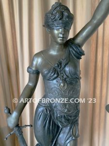 Blind Justice monumental bronze sculpture of Lady Justice holding scales for law firm, lawyer or legal building