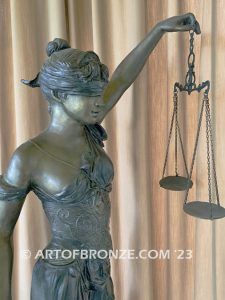 Blind Justice monumental bronze sculpture of Lady Justice holding scales for law firm, lawyer or legal building