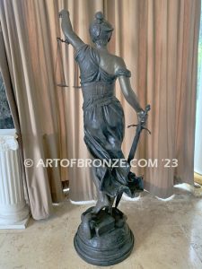 Blind Justice monumental bronze sculpture of Lady Justice holding scales for law firm, lawyer or legal building