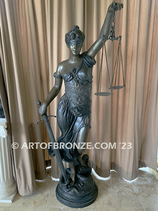 Blind Justice monumental bronze sculpture of Lady Justice holding scales for law firm, lawyer or legal building