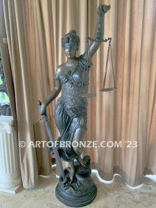 Blind Justice monumental bronze sculpture of Lady Justice holding scales for law firm, lawyer or legal building