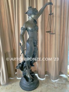 Blind Justice monumental bronze sculpture of Lady Justice holding scales for law firm, lawyer or legal building