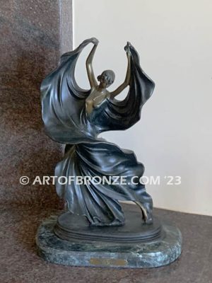 Fascination art deco bronze statue of elegantly dressed fashion model after Louis Icart