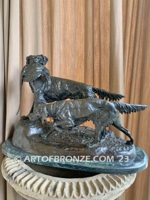 19th century French bronze statue of two large hunting dogs on bronze base