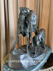 19th century French bronze statue of two large hunting dogs on bronze base