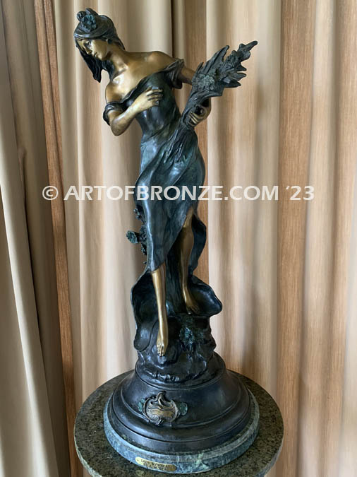 19th century french classical bronze statue of lady holding sheaf of wheat after Moreau