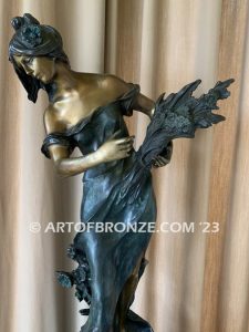 19th century french classical bronze statue of lady holding sheaf of wheat after Moreau