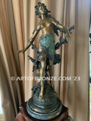 19th century french classical bronze statue of woman standing with flowers after Moreau