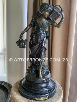 19th century french classical bronze statue of woman standing with rooster after Moreau