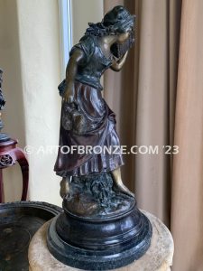 19th century french classical bronze statue of woman standing with rooster after Moreau