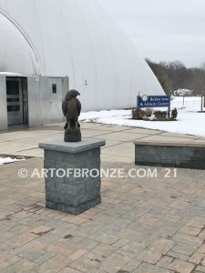 Episcopal school outdoor bronze sculpture mascot of perched red-tailed hawk on branch