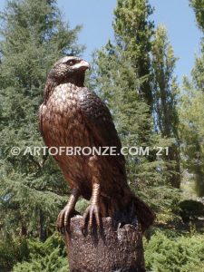 Episcopal school outdoor bronze sculpture mascot of perched red-tailed hawk on branch
