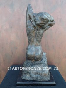 Awakening La Toilette de Venus bronze sculpture of stretching nude female on rock bronze statue