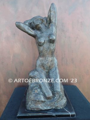 Awakening La Toilette de Venus bronze sculpture of stretching nude female on rock bronze statue