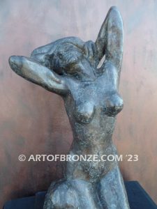 Awakening La Toilette de Venus bronze sculpture of stretching nude female on rock bronze statue