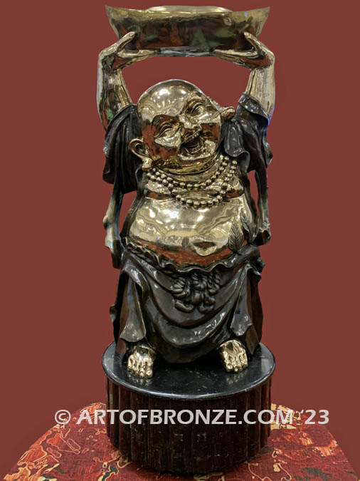 custom created laughing buddha bronze statue holding vessel of fortune