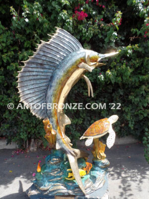 Above the Reef bronze sport fishing fine art gallery sculpture of sailfish, marlin and swordfish