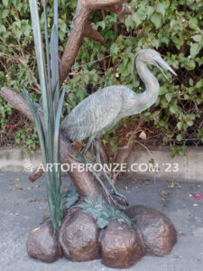 Mashland Waders lost wax casting of two heron cranes resting on branch at tranquil residence