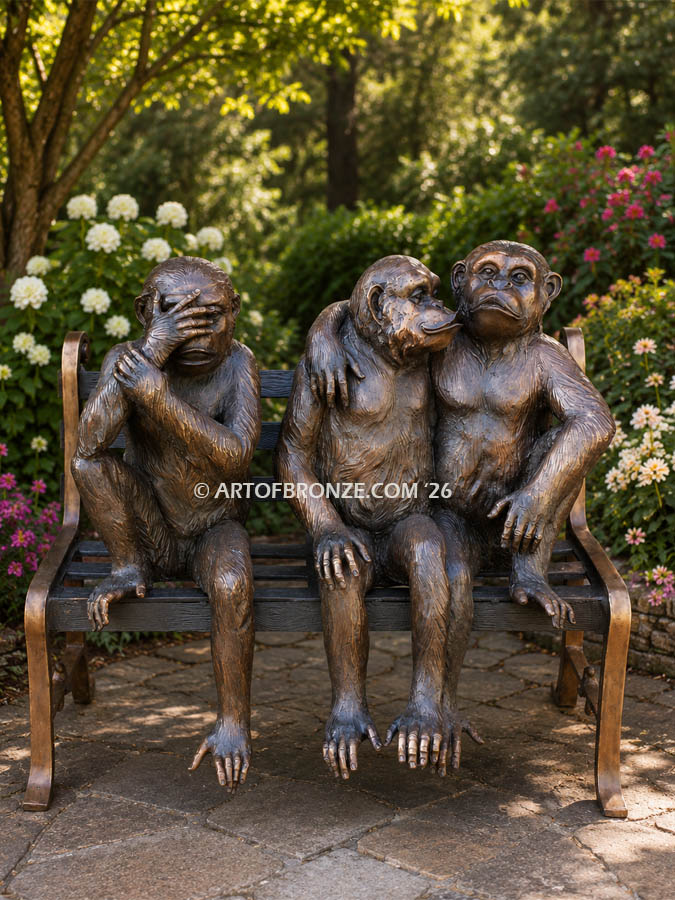 Threes a crowd whimsical bronze statue of three monkeys sitting on bronze bench