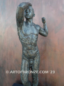 Age of Bronze figurative bronze statue of nude male with tightened musculature and twisting body